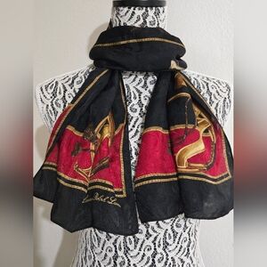 Lauren Ralph Lauren Black and Red Silk-Blend Scarf with Gold Accents
